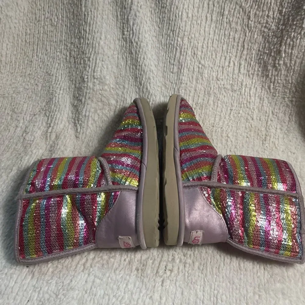 UGG sparkle Sequins Rainbow kids Boots leather blush pink trims  fur lining SZ6